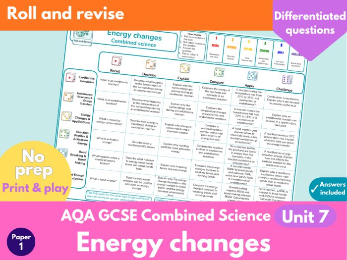 AQA GCSE Combined Science Chemistry Unit 7 Energy changes Dice Retrieval Game | GCSE Chemistry