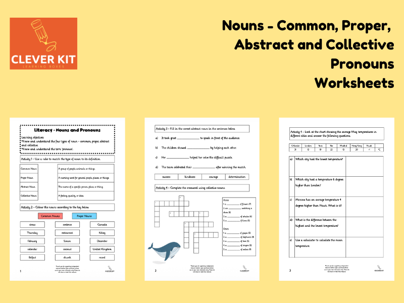 Nouns - Common, Proper, Abstract, Collective and Pronouns Worksheets