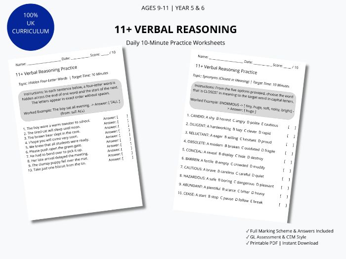 11+ Verbal Reasoning Practice Worksheets | Year 5 & 6 GL Assessment & CEM Style