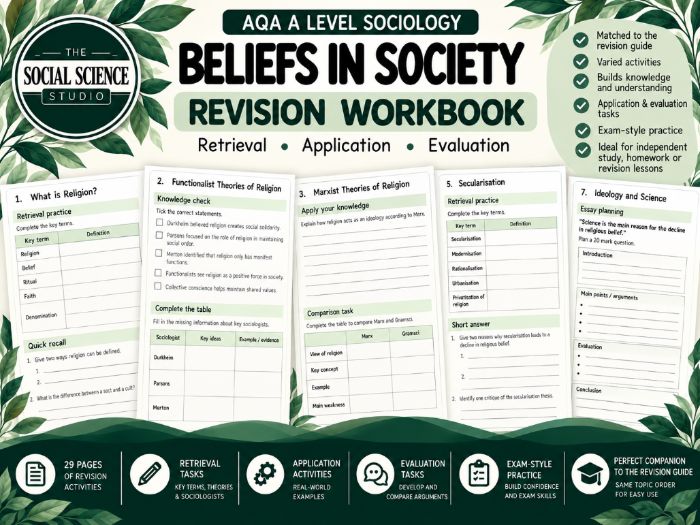 AQA A Level Sociology Beliefs in Society Revision Workbook, Paper 2 Retrieval & Evaluation