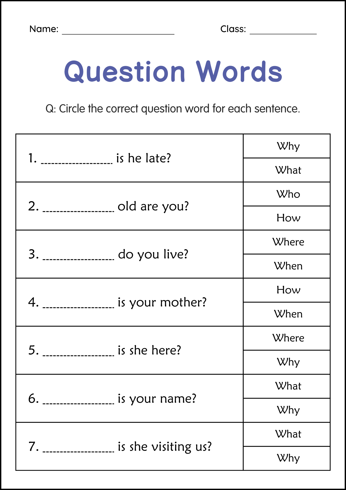 Who, What, When, Where, Why, How: Question Words Worksheets for Grade 1 ...