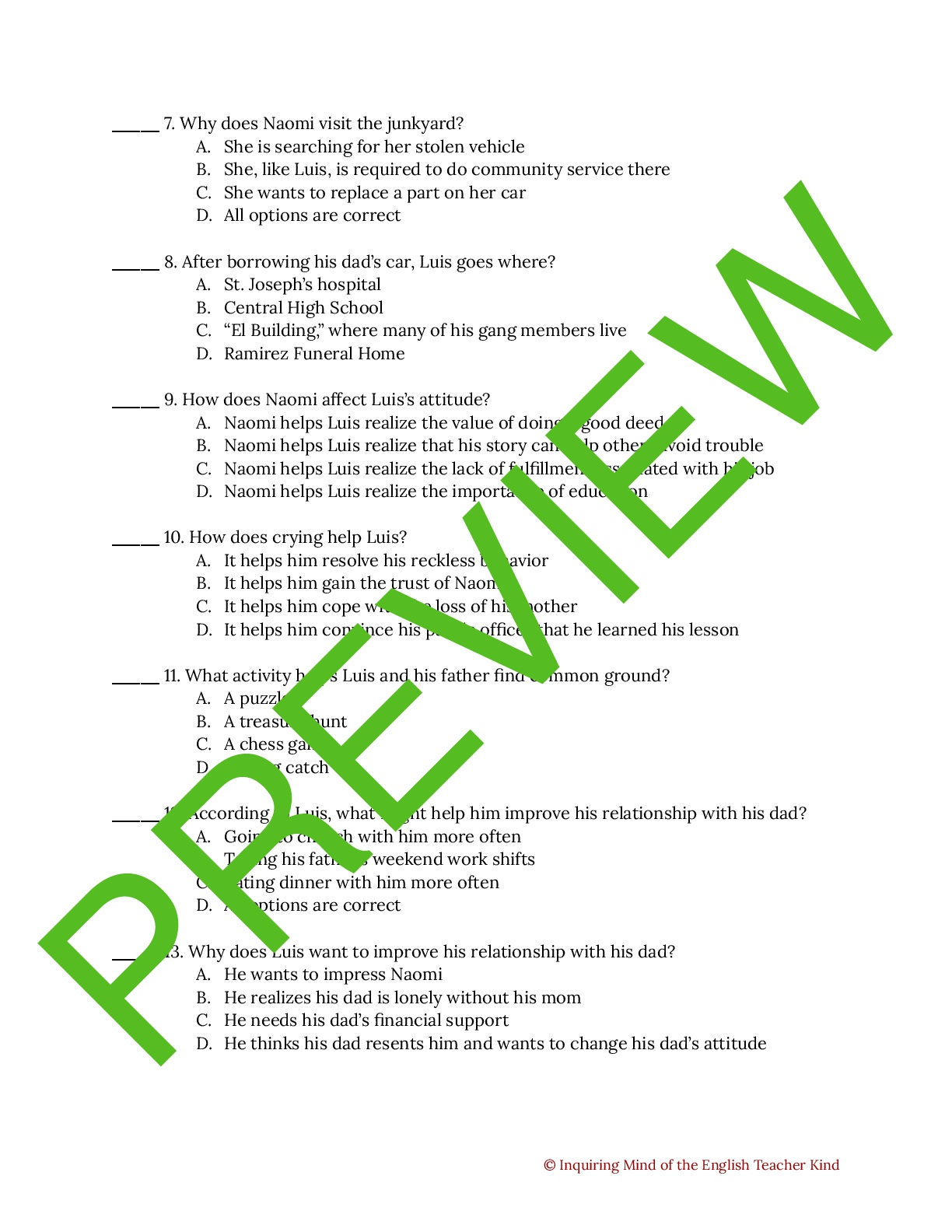 “Catch the Moon” by Judith Ortiz Cofer Quizzes and Answer Keys