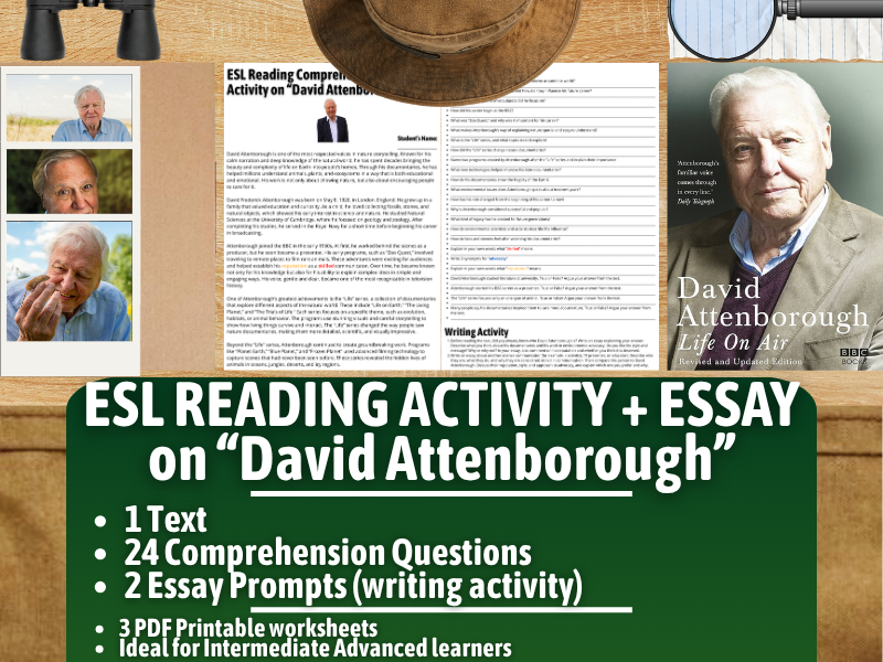 ESL Reading Comprehension + Writing Activity Worksheets - David Attenborough