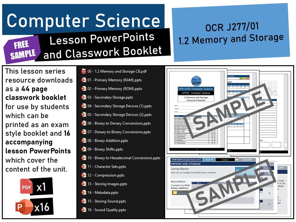 OCR GCSE Computer Science (J277) 1.2 Memory and Storage Lesson PowerPoints and Classwork Booklet.