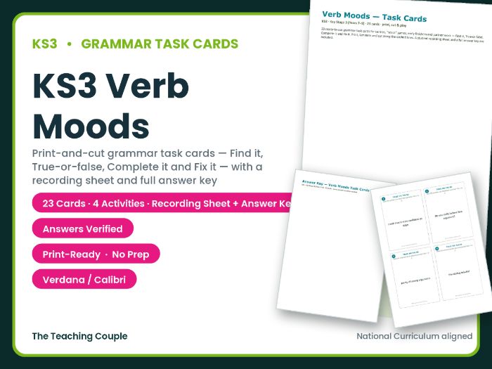 KS3 Verb Moods Task Cards – 23 Grammar Cards + Answer Key