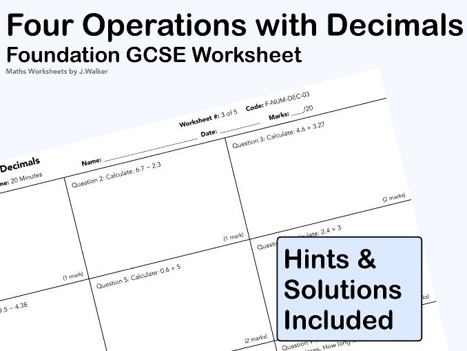 GCSE Maths Worksheet: Four Operations with Decimals - Foundation Tier