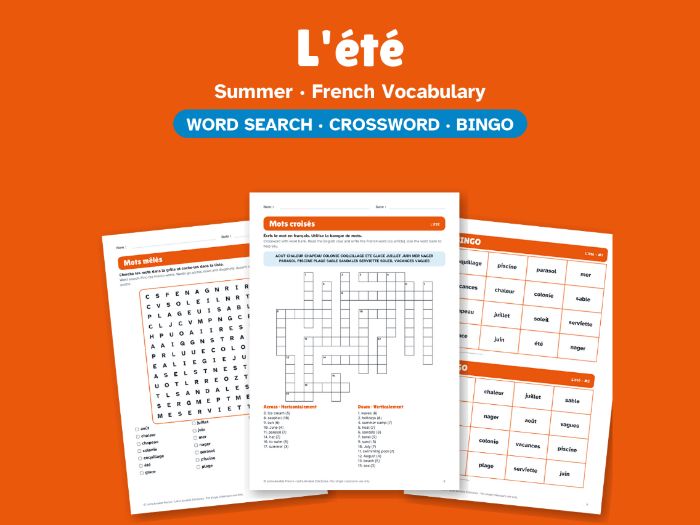Summer in French: Word Search, Crossword & Bingo