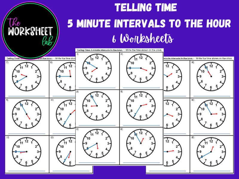 Telling Time: 5 Minute Intervals to the Hour Worksheets