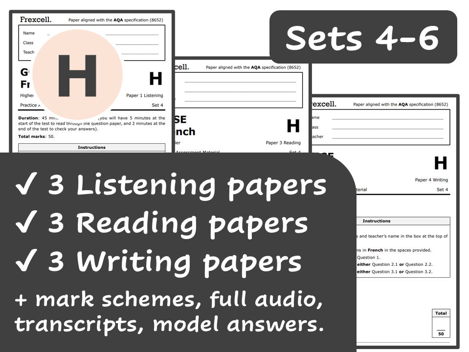 AQA GCSE French (2026) – Higher Practice Paper Pack (Sets 4-6)