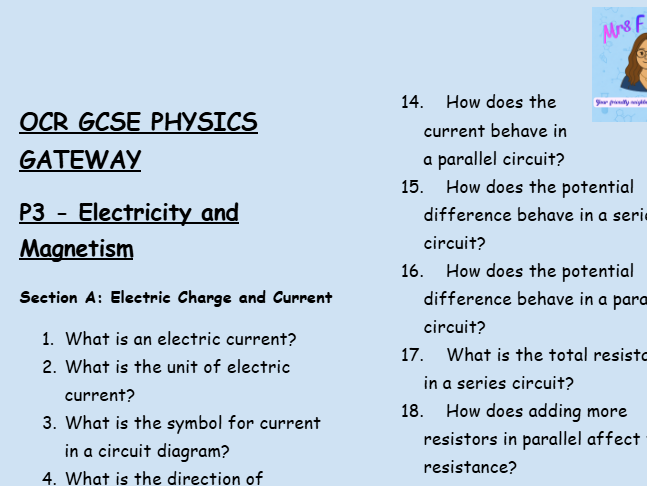 OCR GCSE Physics P3 Retrieval Practice: Low-Stakes Questions on Electricity, Circuits, and Magnetism