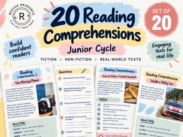 Junior Cycle Reading Comprehension Pack - 20 Accessible Texts and Question Sheets