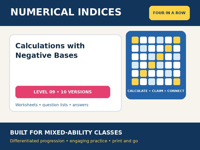 Numerical Indices – Calculations with Negative Bases – Four in a Row – 10 Worksheets + Answers