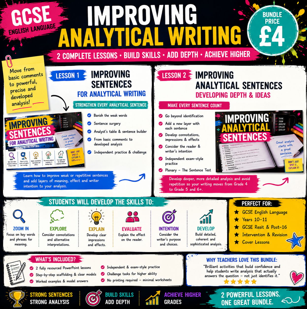 Improving Analytical Writing Bundle | 2 GCSE English Language Lessons | Sentence Development & Analysis