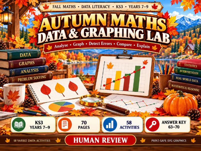 Autumn Maths Data & Graphing Lab  KS3 Statistics, Charts & Data Analysis  70 Pages