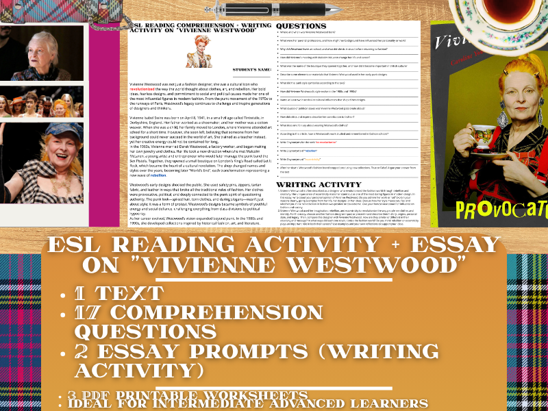 ESL Reading Comprehension + Writing Activity - Vivienne Westwood - British Fashion Designer