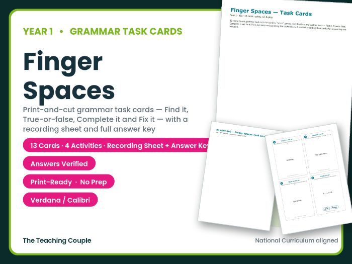 Year 1 Finger Spaces Task Cards – 13 Grammar Cards + Answer Key