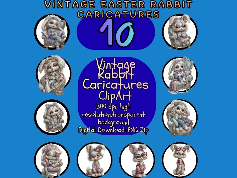 Vintage Easter Rabbit Caricature Clip Art Set for Classroom Use | Spring & Holiday Visuals