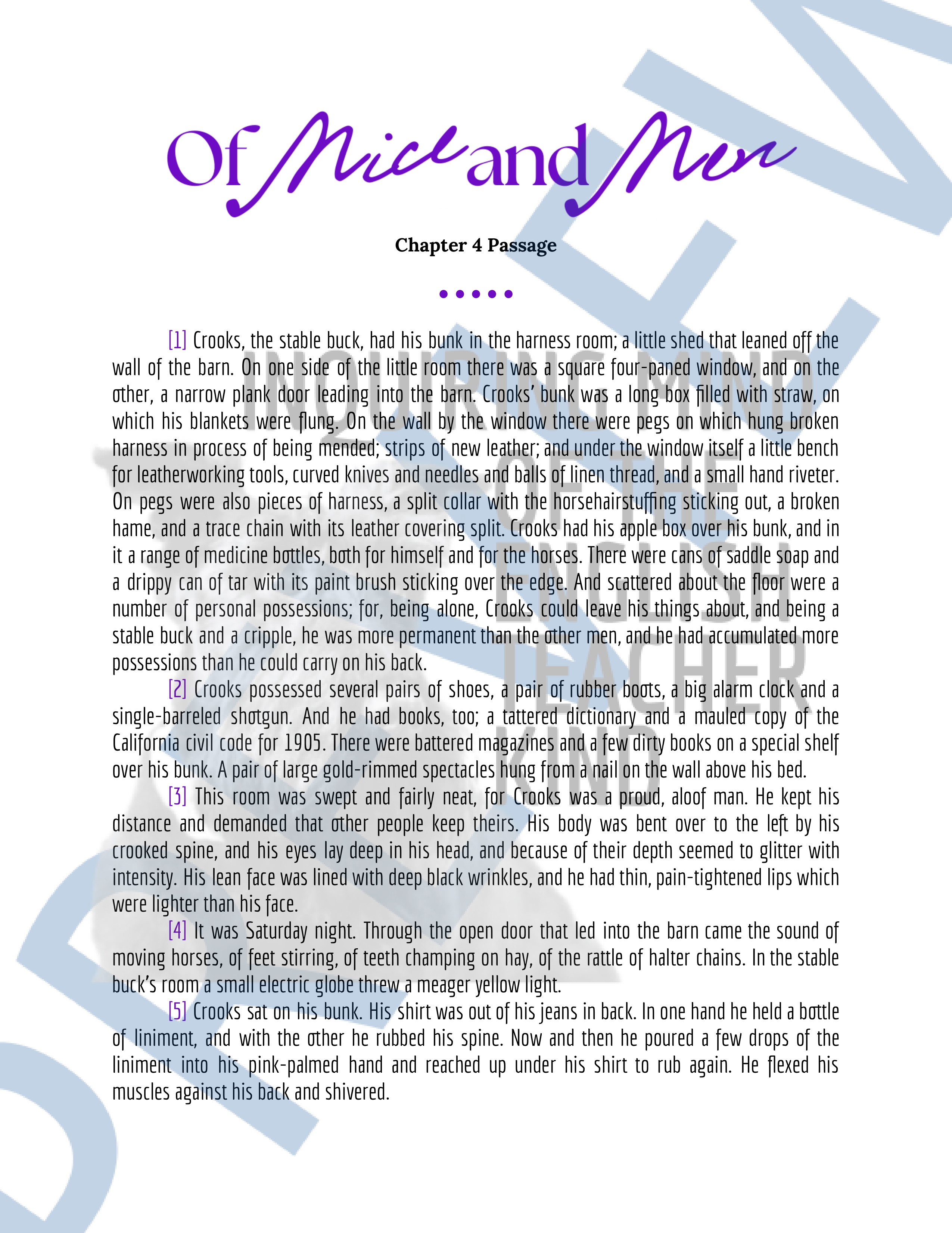 Of Mice and Men Chapter 4 Novel Analysis Worksheet | Close Reading ...
