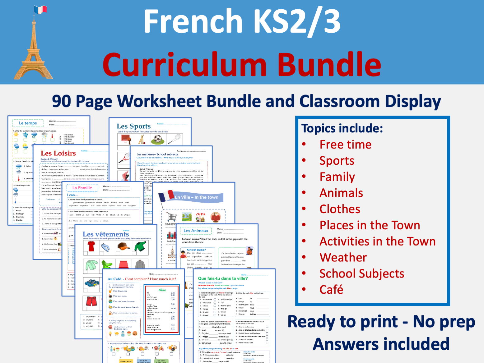 French KS2 / KS3 Curriculum & Display Bundle | 10 Resource Packs | 90 Pages Answers included