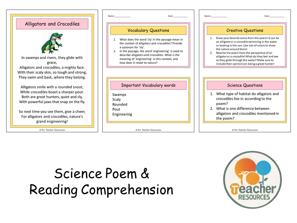 Alligators and Crocodiles Poem Reading Comprehension Questions ...