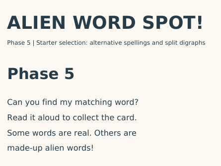 Alien word spot phonic games