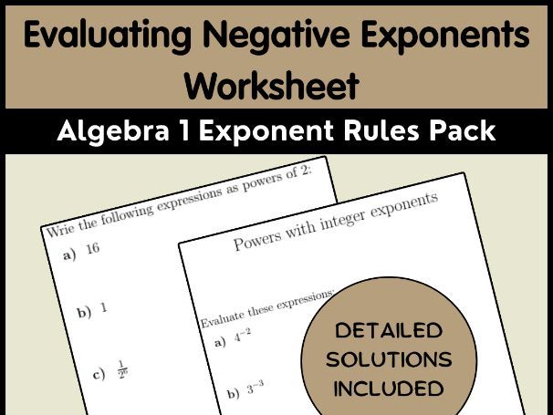 Evaluating Negative Exponents Worksheet | Algebra 1 Exponent Rules Pack