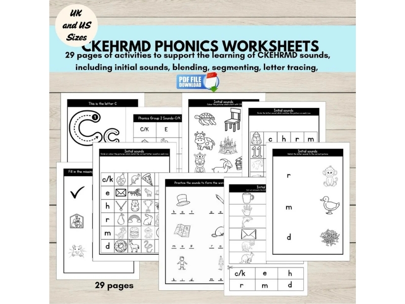 Phonics Group 2 CKEHRMD Worksheets, Initial Sounds, CVC Words & Letter Tracing, EYFS