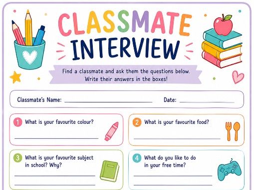 Classmate Interview Worksheet | Back to School KS2 | Getting to Know You Activity