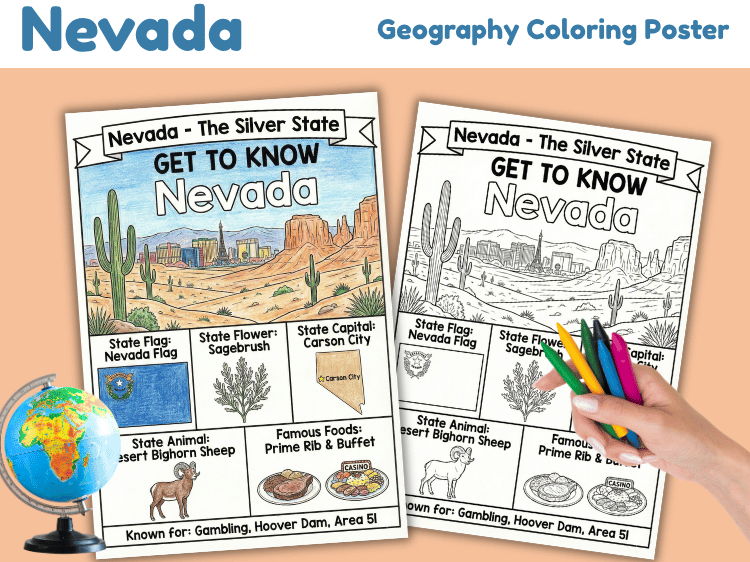 Nevada Geography Coloring Poster | U.S. State Facts & Symbols