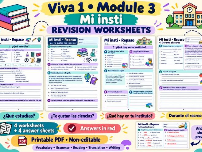 Viva 1 Module 3 – Mi insti | Spanish Revision Worksheets + Answers | KS3
