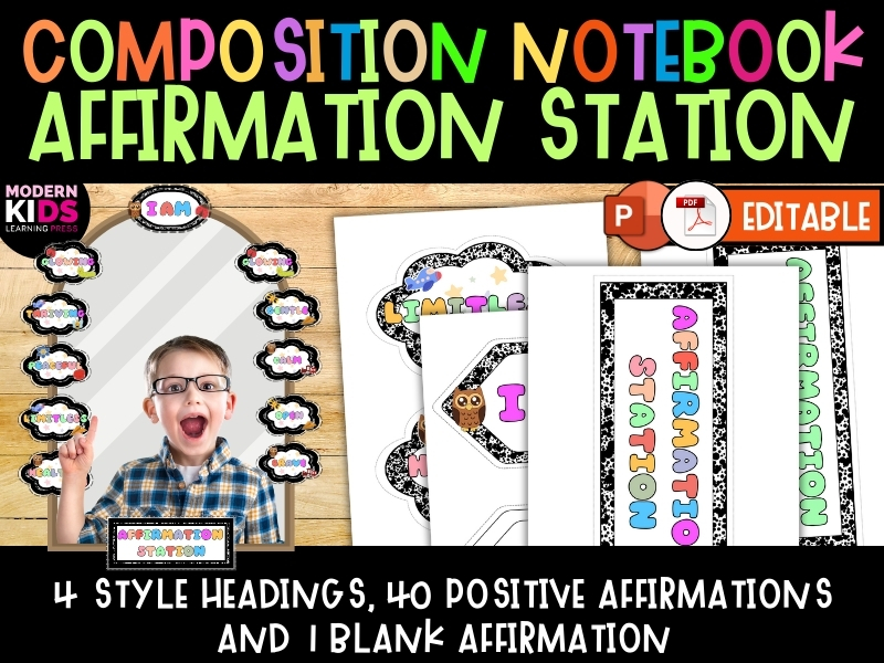 Editable Composition Notebook Positive Affirmation Station Classroom Mirror Decor