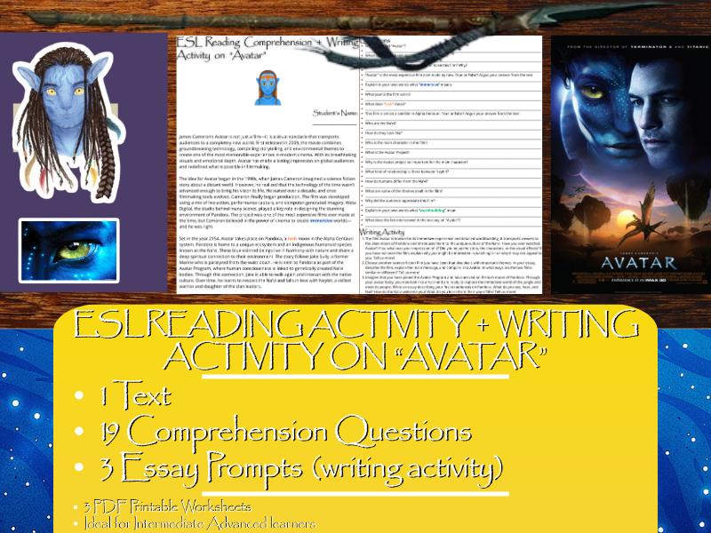 ESL Reading Comprehension + Writing Activity Worksheets on "Avatar"
