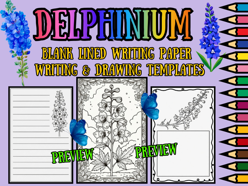 Delphinium Flower Coloring Pages & Blank Lined Writing Templates | NO PREP Pack