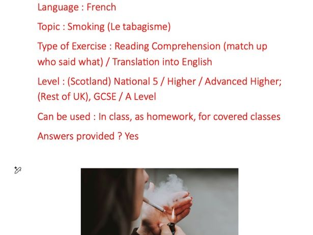 Smoking (Le tabagisme), French, reading comp and translation