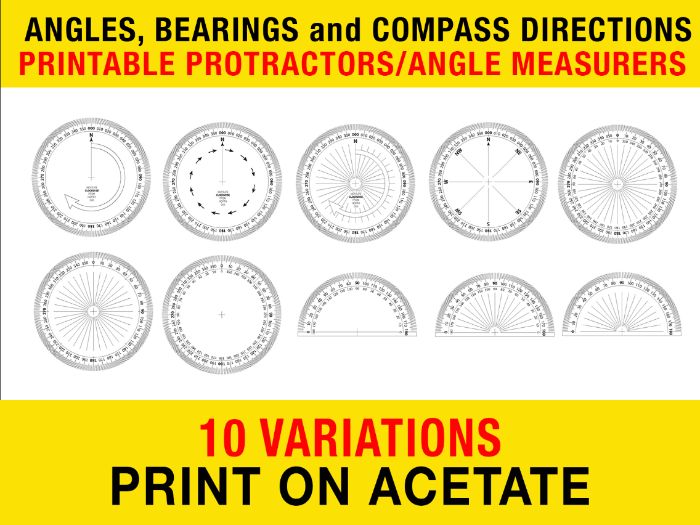 ANGLES - BEARINGS - COMPASS POINTS - - - PRINTABLE PROTRACTORS and ANGLE MEASURERS