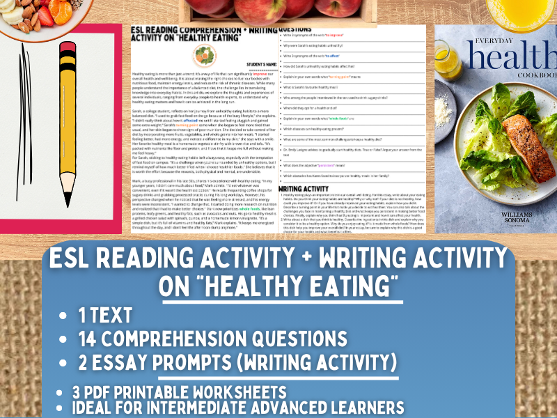 ESL Reading Comprehension + Writing Activity Worksheets on "Healthy Eating"