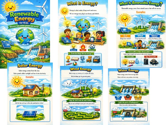 Renewable Energy Worksheets for Kids | KS2 Science | Solar Wind Water Energy | Age 7–11