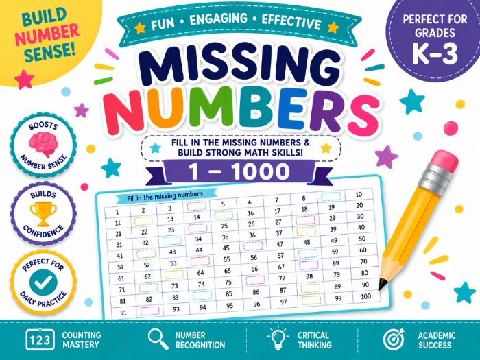 Missing Numbers 1-1000 Worksheets | Number Sequencing & Counting Practice | Kindergarten-3rd Grade