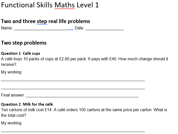Functional Skills Maths Lv 1 & Lv 2, 2 step & 3 step problems workbooks