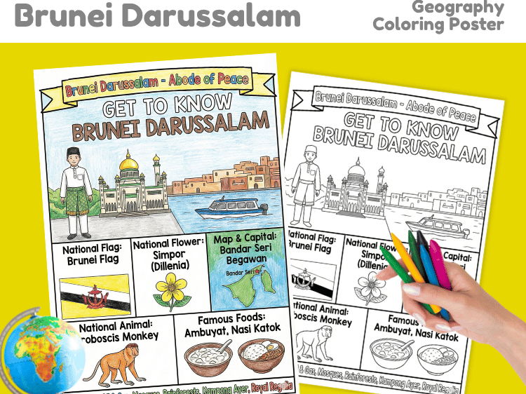Brunei Darussalam Geography Coloring Poster | Country Facts