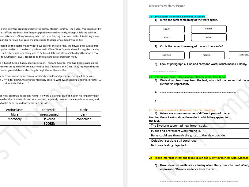 Speed Reading and Questions - Harry Potter and the Chamber of Secrets Extract