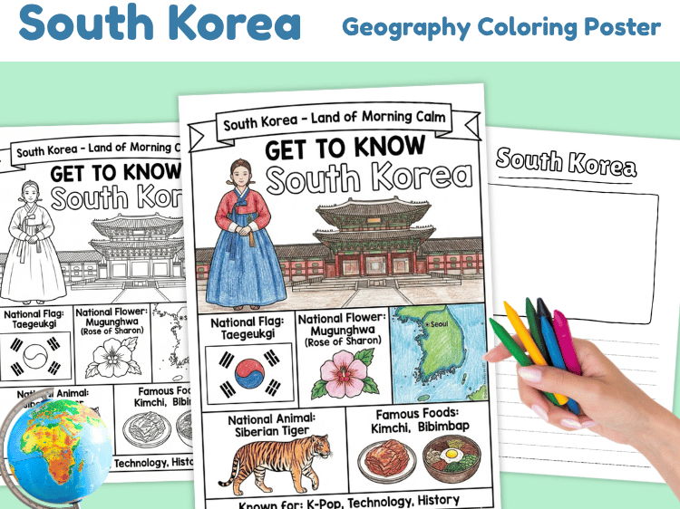 South Korea Geography Coloring Poster | Country Facts Worksheet