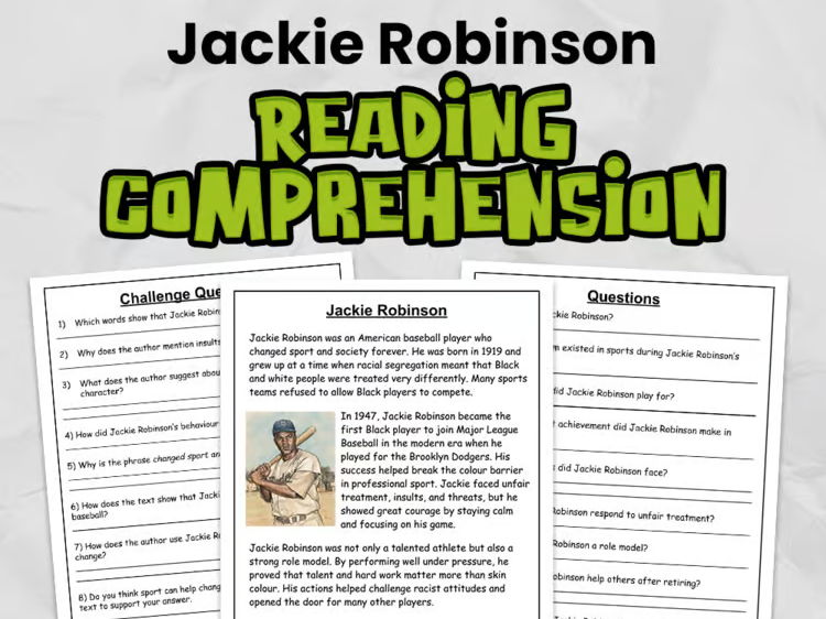 Jackie Robinson Reading Comprehension for Gr 3 - 5 | Black History Month