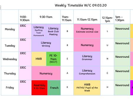 Colour coded timetable