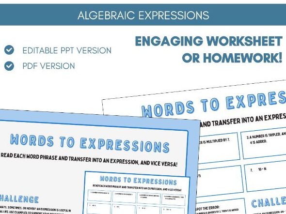 Algebraic Expressions | Worksheet Homework Task | Algebra
