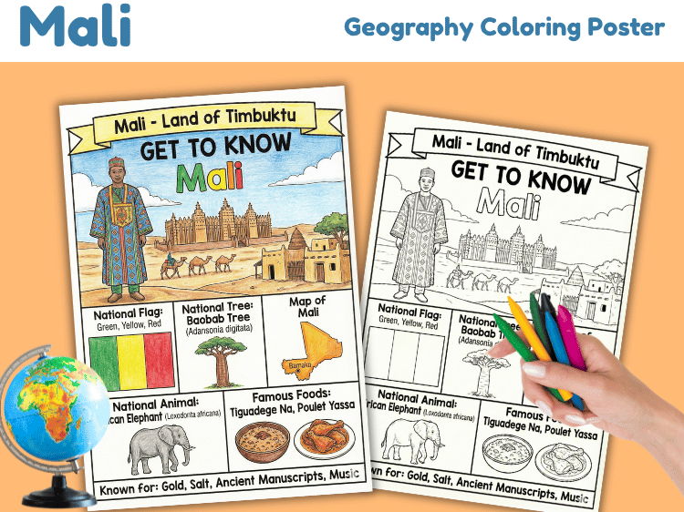 Mali Geography Coloring Poster | Country Facts & Map Worksheet