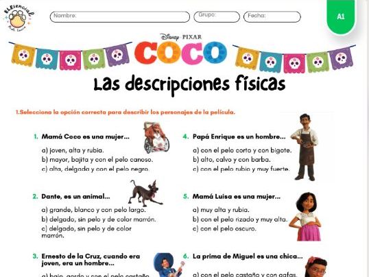 Day of the Dead  (Dia de muertos)- A1 Spanish Physical Descriptions Worksheet: Coco