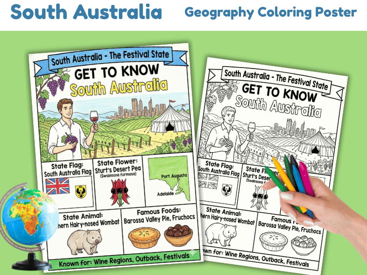 South Australia Geography Coloring Poster | State Facts & Symbols