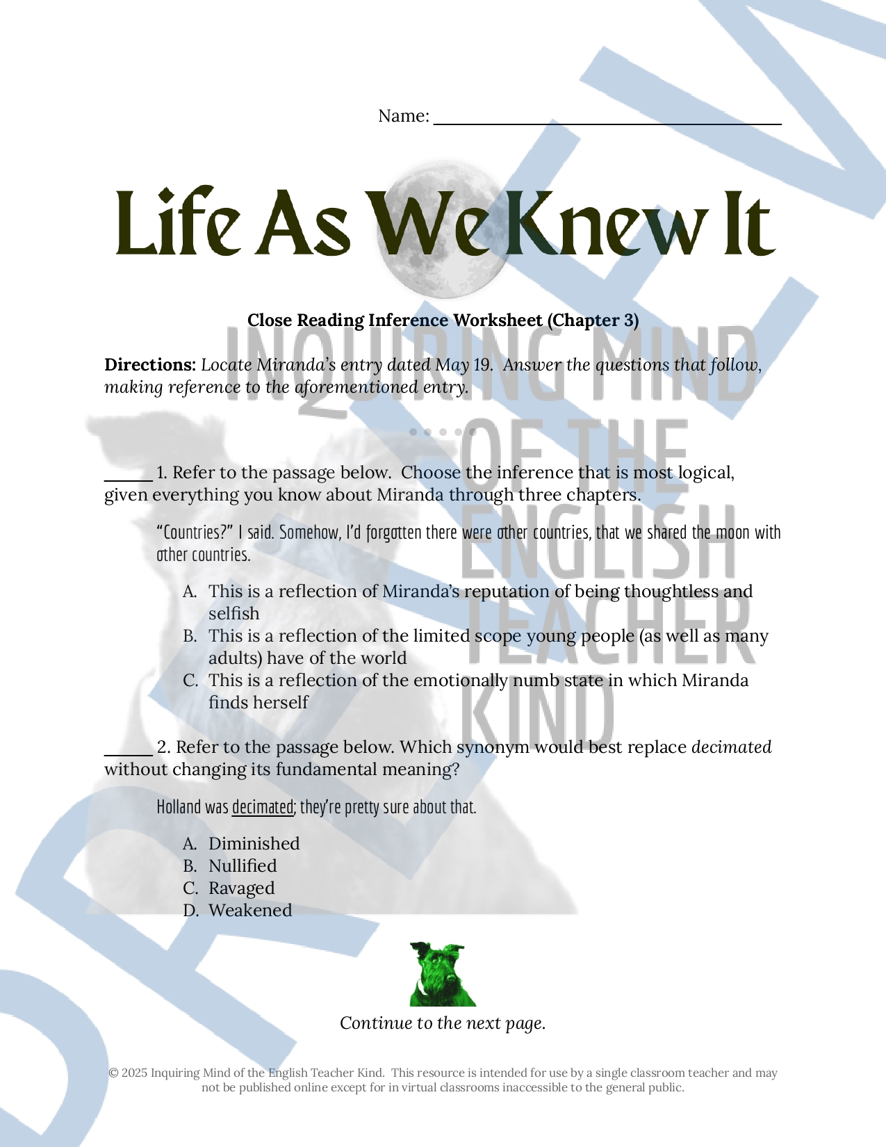 Life As We Knew It Chapter 3 Close Reading Inference Worksheet and Answer Key Teaching Resources