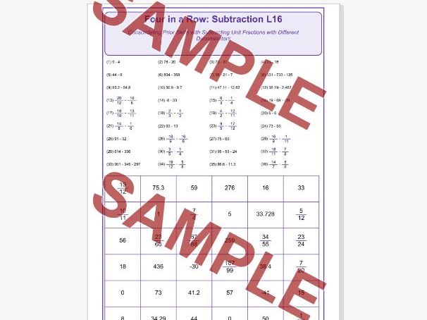 Subtraction L16 Four in a Row | Unit Fractions With Different Denominators